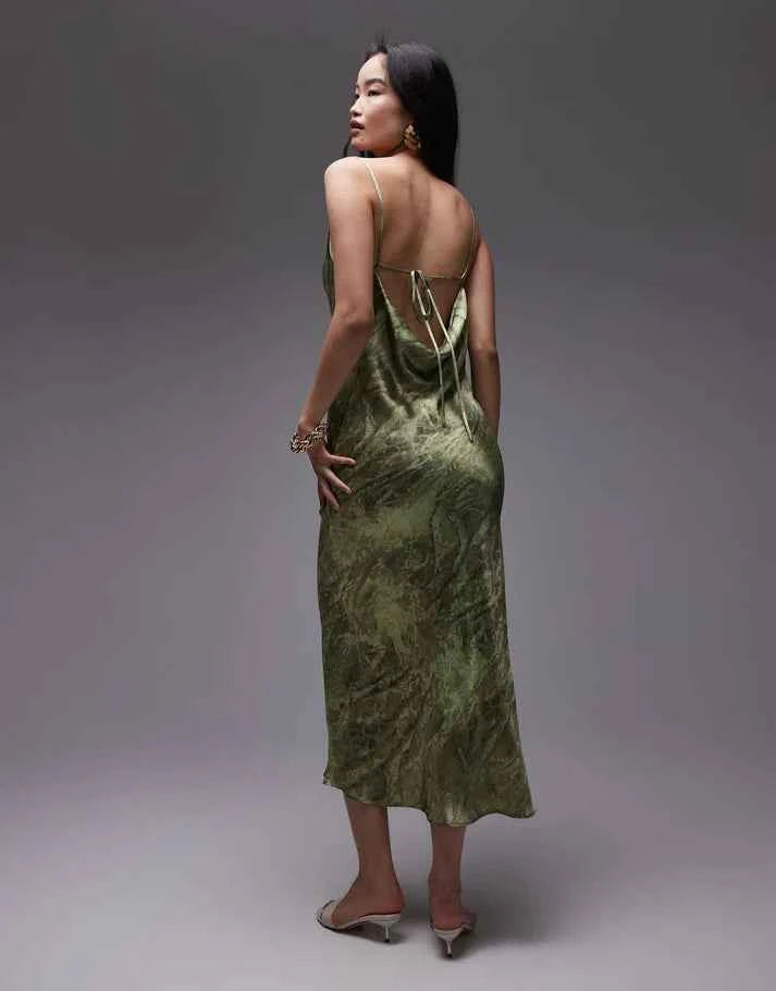 Topshop cowl midi slip dress placement lace in green print