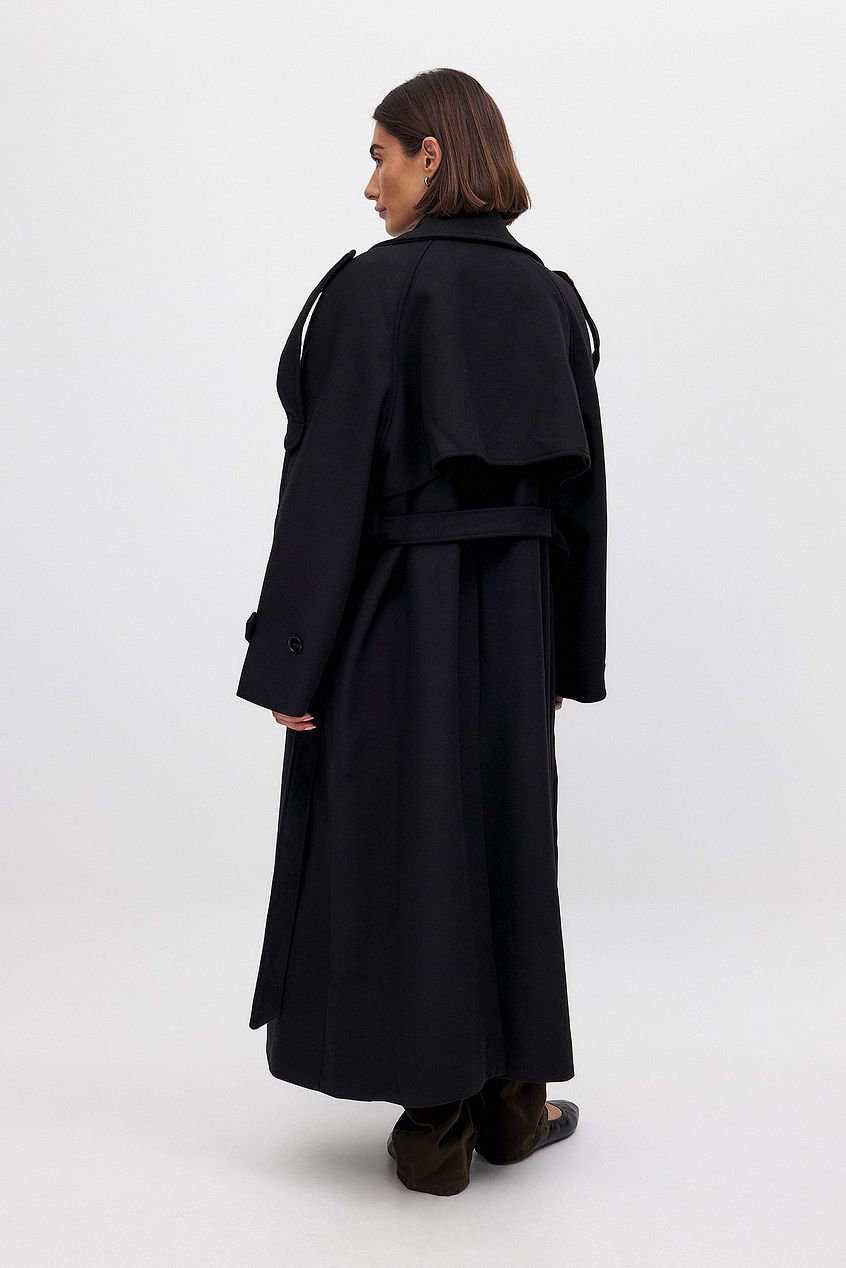 Wool Blend Raglan Coat- Black