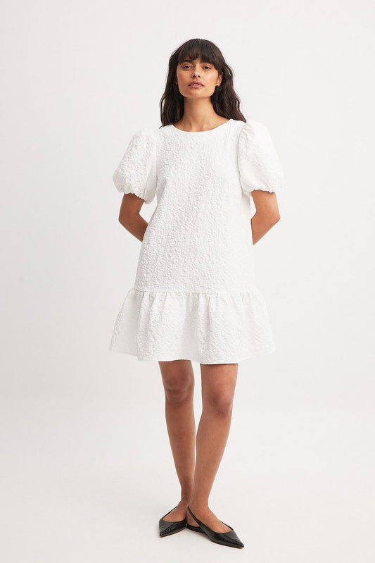 Woven Jacquard Balloon Sleeve Mini Dress