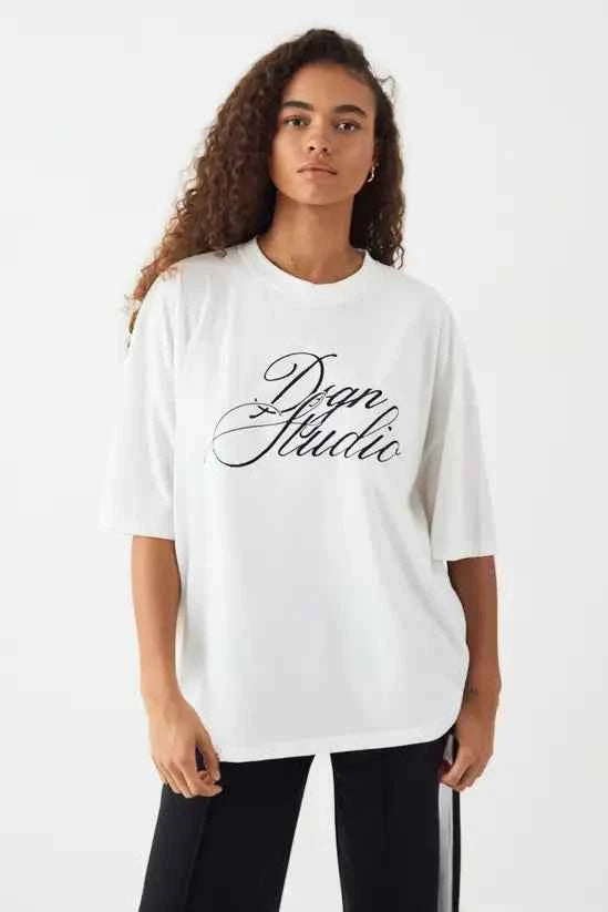 DSGN Studio Script Embroidered Crew Neck Oversized T-Shirt