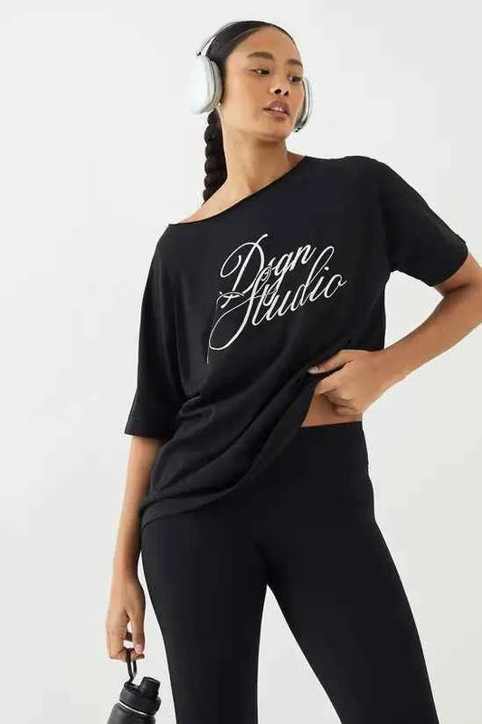 DSGN Studio Script Off The Shoulder Oversized T-Shirt