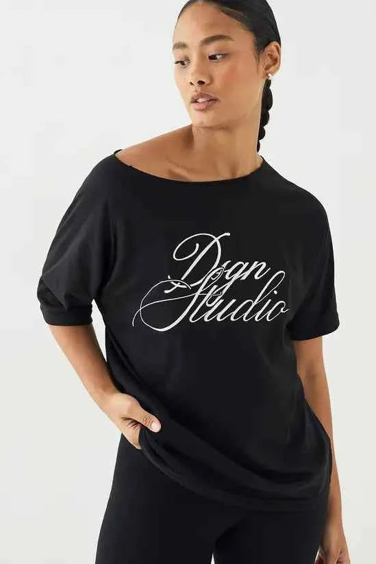 DSGN Studio Script Off The Shoulder Oversized T-Shirt