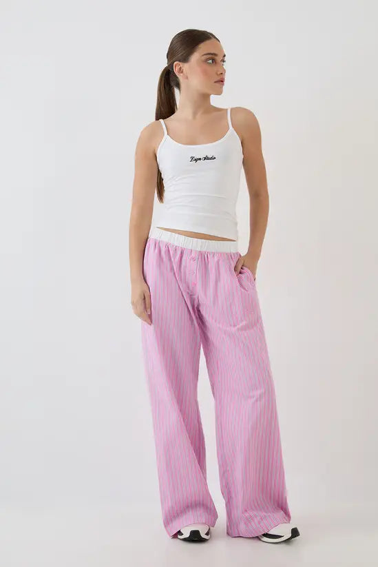 DSGN Studio DSGN Studio Henley Button Cotton Poplin Stripe Straight Leg Trouser