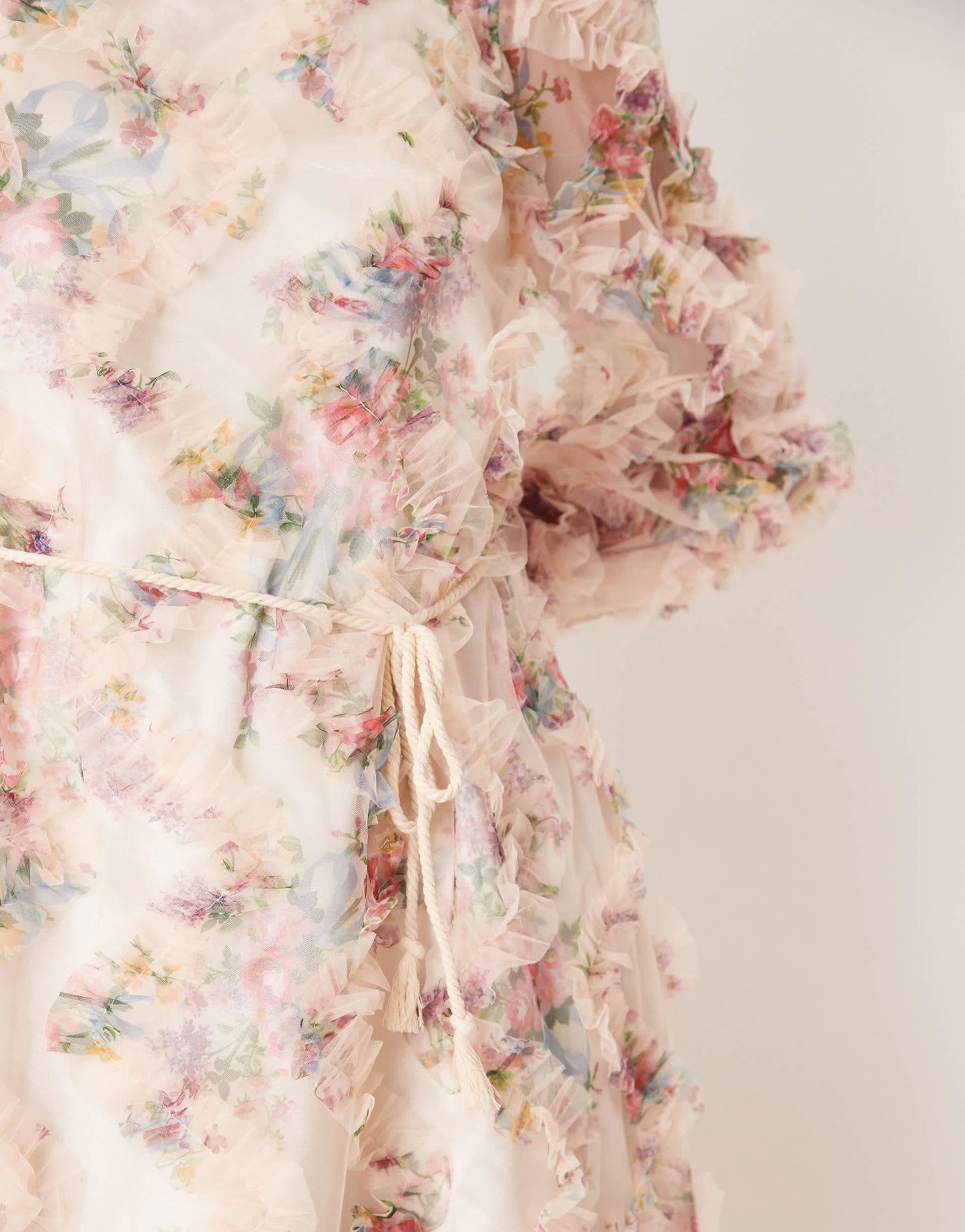 YAS long sleeve textured mini dress in blurred floral - birch allegra
