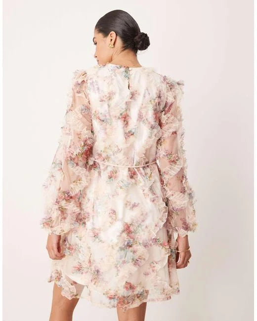 YAS long sleeve textured mini dress in blurred floral - birch allegra