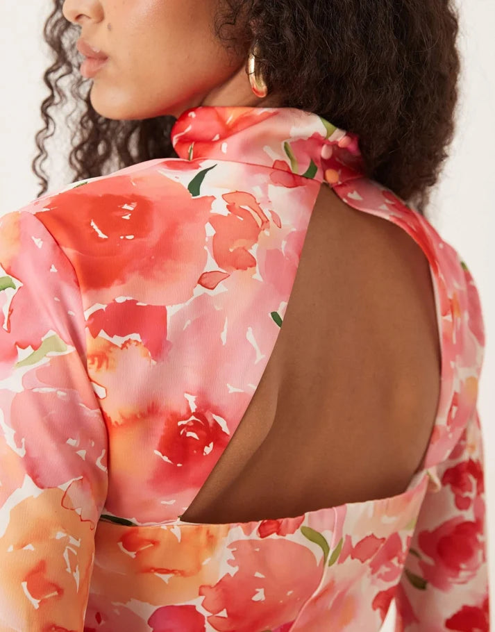 YAS high neck cut out satin mini dress in floral print